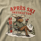 T-shirt with a moose graphic and 'Après Ski Instructor' text on a khaki background
