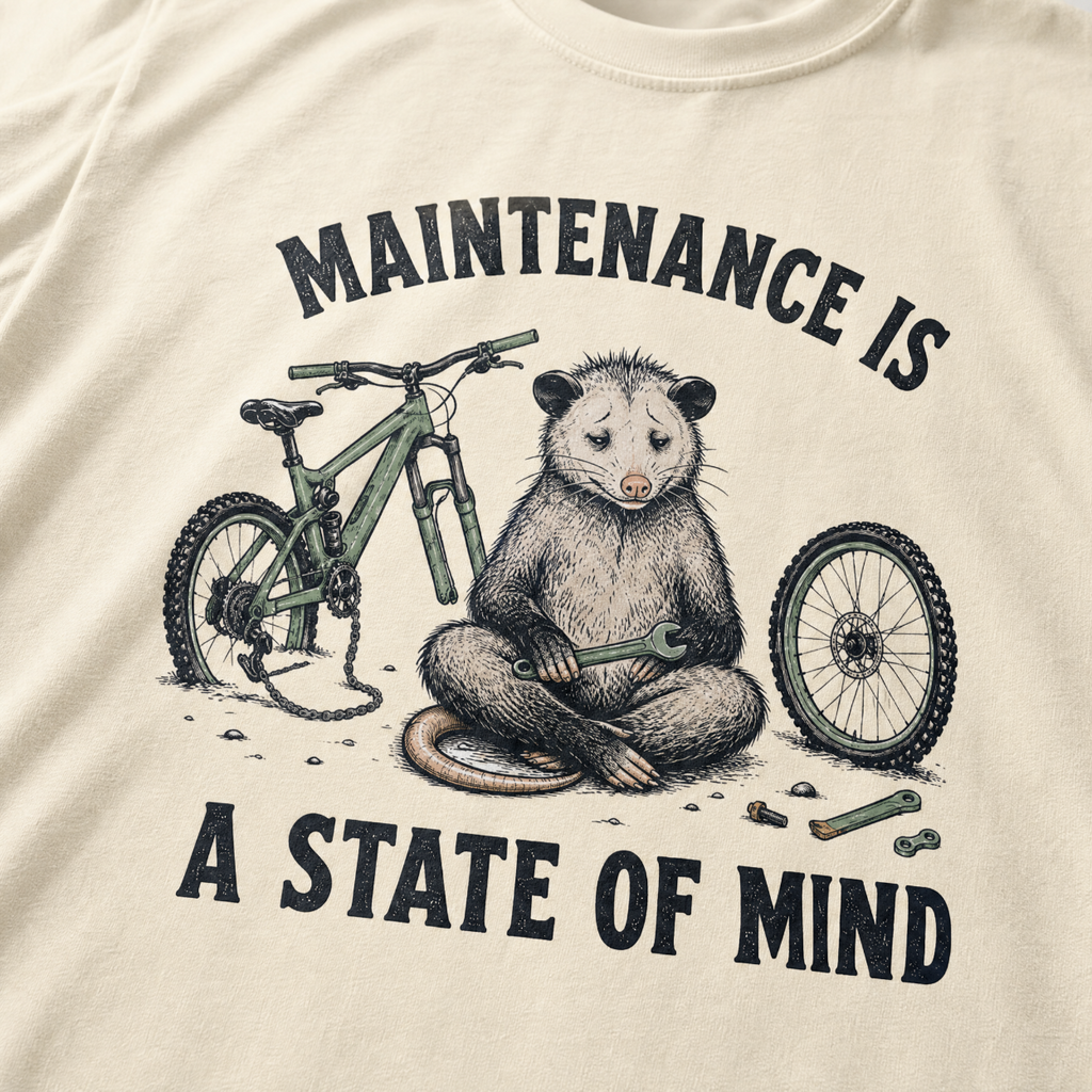 Ivory white t-shirt featuring a possum meditating while fixing a bike with text, "Maintenance is a State of Mind".