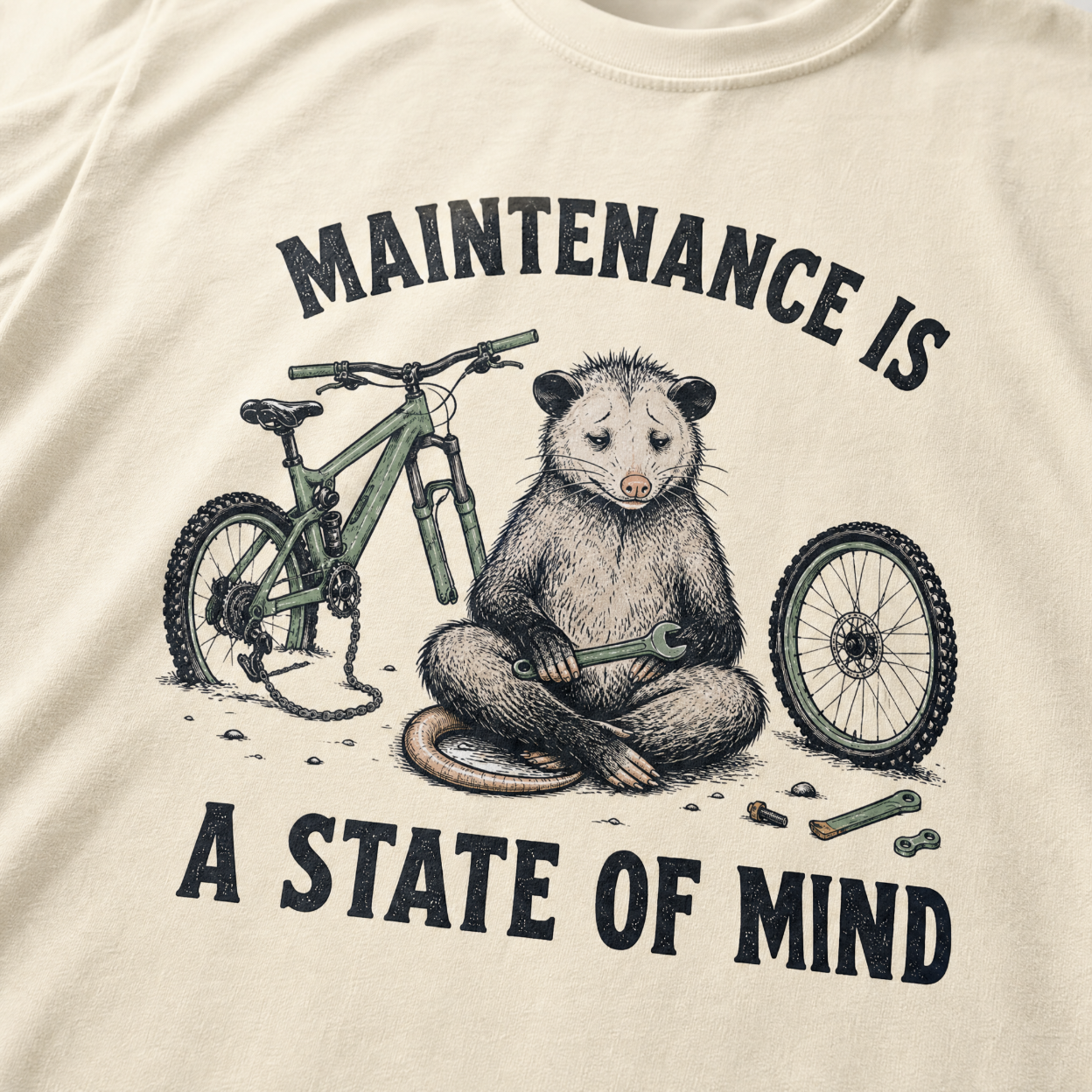 Ivory white t-shirt featuring a possum meditating while fixing a bike with text, "Maintenance is a State of Mind".