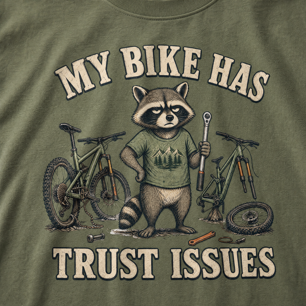 Moss green t-shirt with a raccoon graphic and bicycle illustration, featuring text 'My bike has trust issues'.