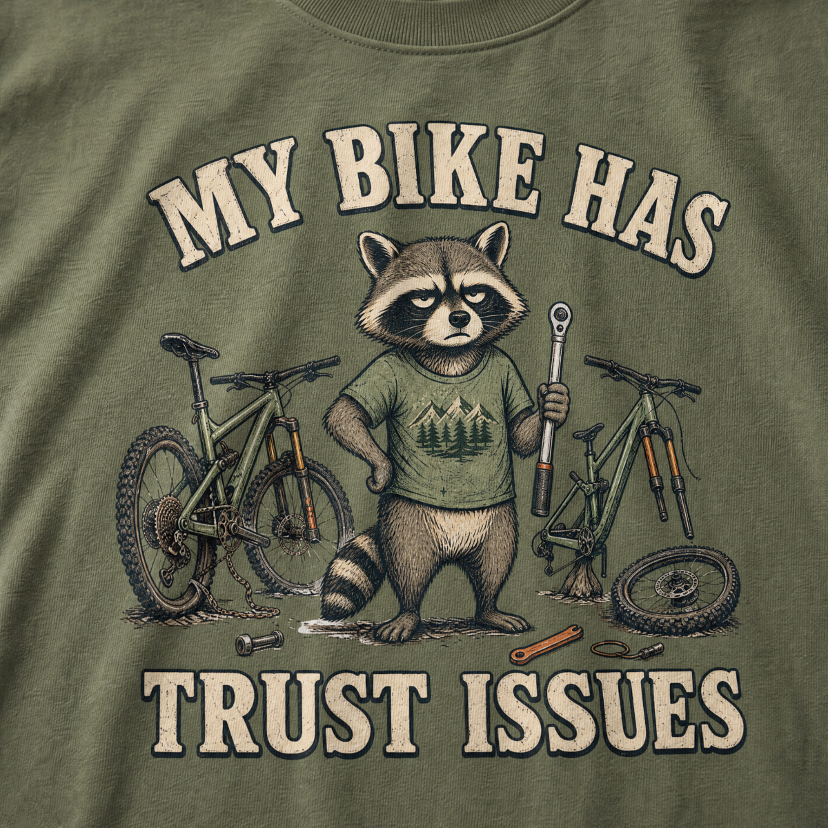 Moss green t-shirt with a raccoon graphic and bicycle illustration, featuring text 'My bike has trust issues'.
