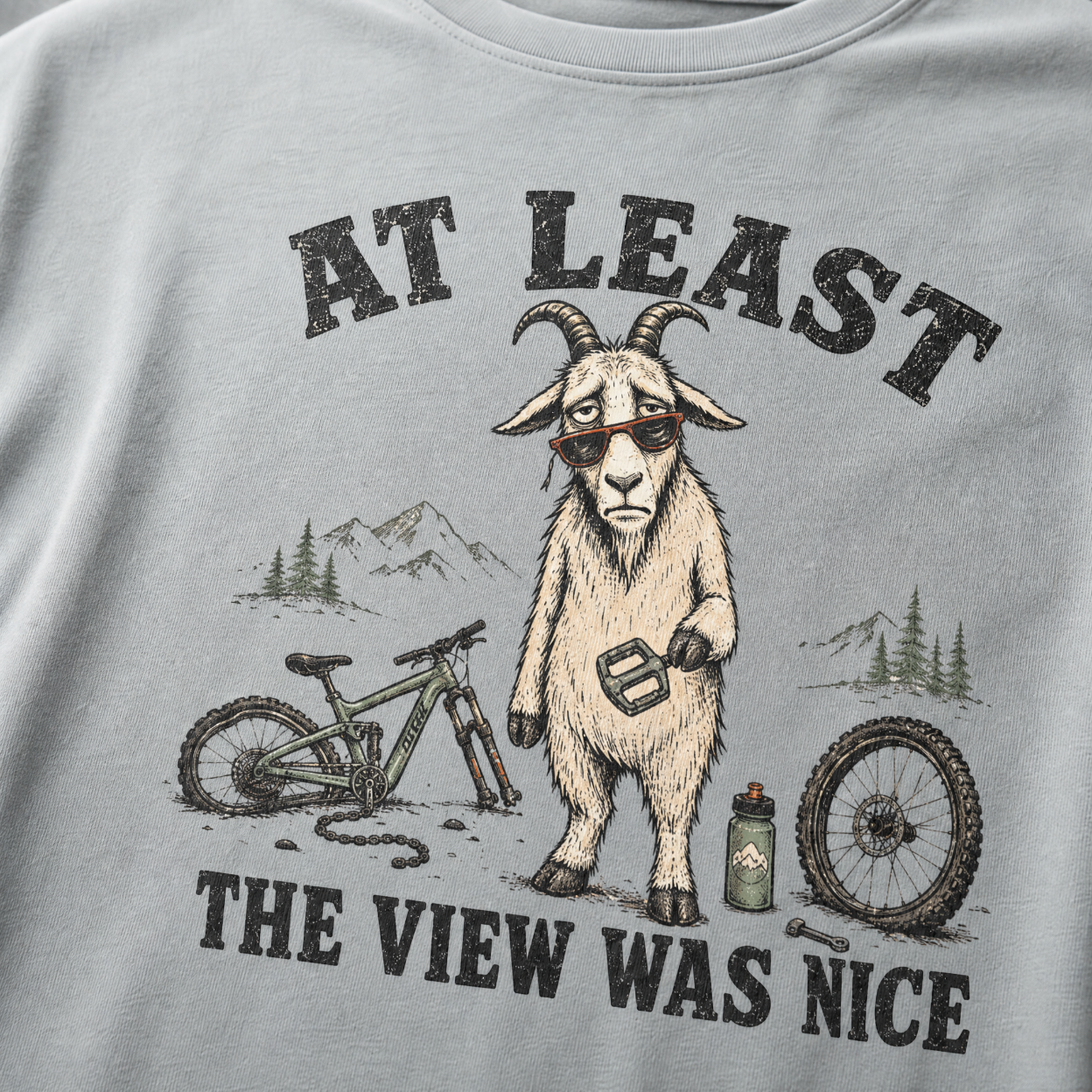 Granite gray t-shirt of a goat holding a bicycle pedal with a broken mountain bike surrounding it. Included text, "At Least the View Was Nice".