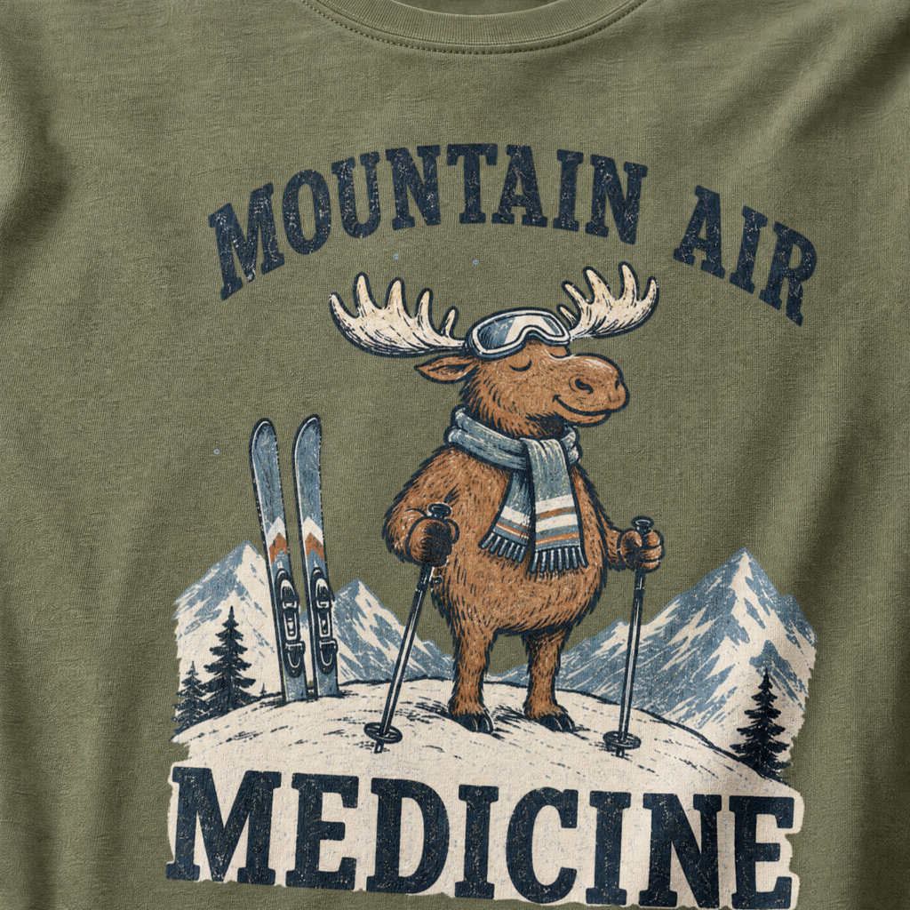 Close-up of a moss green t-shirt with a retro ski design showing a calm moose with goggles, scarf, ski poles, and mountain scenery, with “Mountain Air Medicine” text.