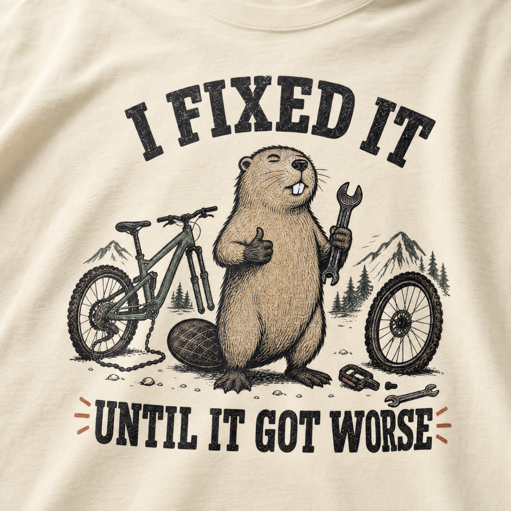 Beaver with a bicycle and tools on a t-shirt with text 'I fixed it until it got worse'.