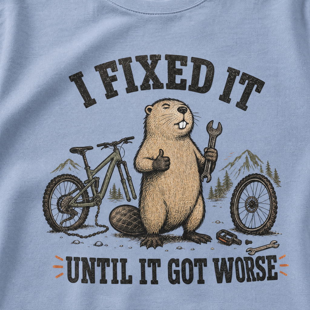 T-shirt with a beaver holding a wrench next to a bicycle, text 'I FIXED IT UNTIL IT GOT WORSE' on a washed denim blue background.