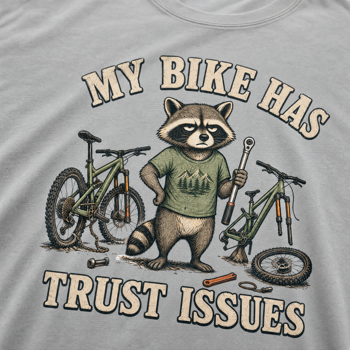 Granite gray t-shirt with a raccoon graphic and text 'My bike has trust issues' on a bicycle-themed design.