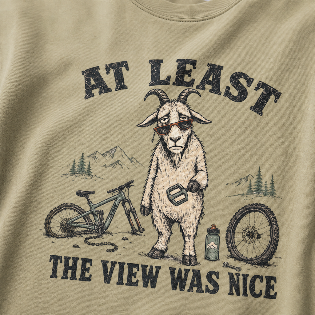 Khaki colored t-shirt of a goat holding a bicycle pedal with a broken mountain bike surrounding it. Included text, "At Least the View Was Nice".