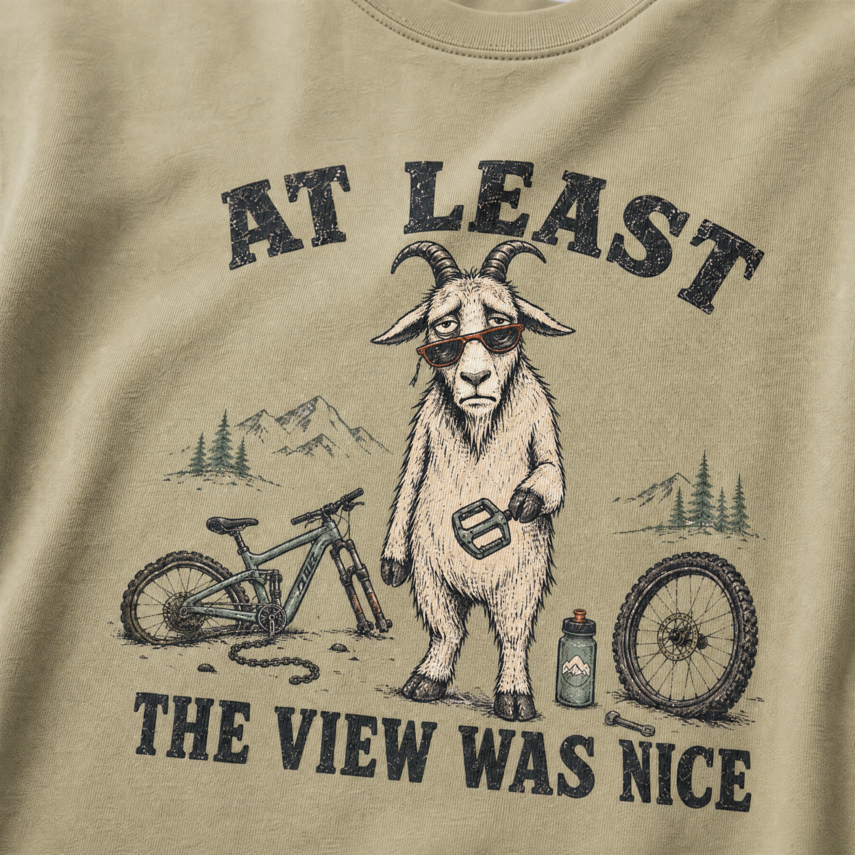 Khaki colored t-shirt of a goat holding a bicycle pedal with a broken mountain bike surrounding it. Included text, "At Least the View Was Nice".