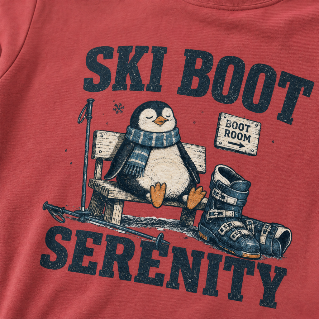 Close-up of a crimson red t-shirt with a vintage ski boot-room design showing a relaxed penguin on a bench beside ski boots, with “Ski Boot Serenity” text.