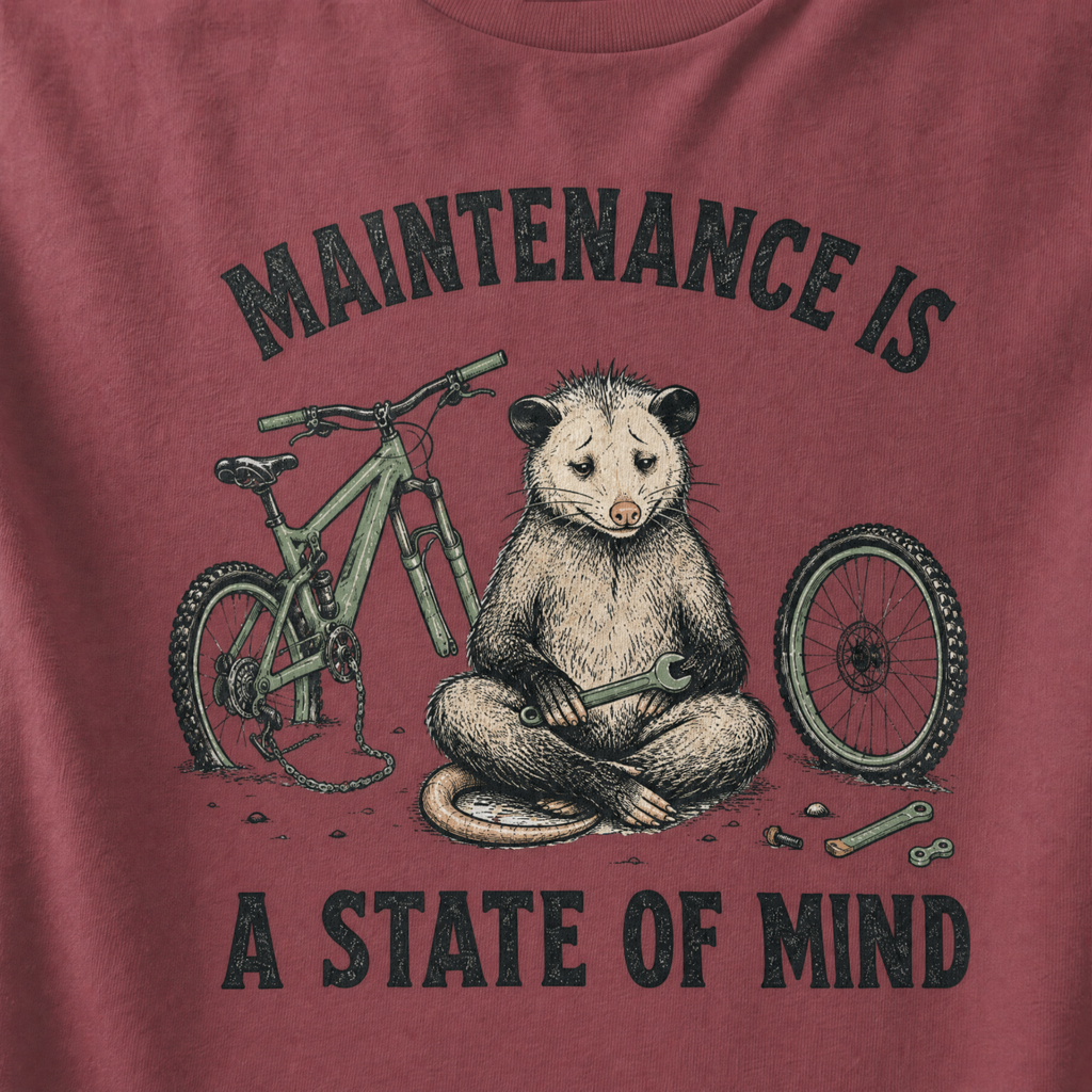 Brick red t-shirt featuring a possum meditating while fixing a bike with text, "Maintenance is a State of Mind".