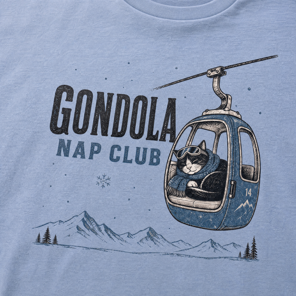 Washed denim blue t-shirt featuring a cat napping in a ski gondola with text, "Gondola Nap Club".