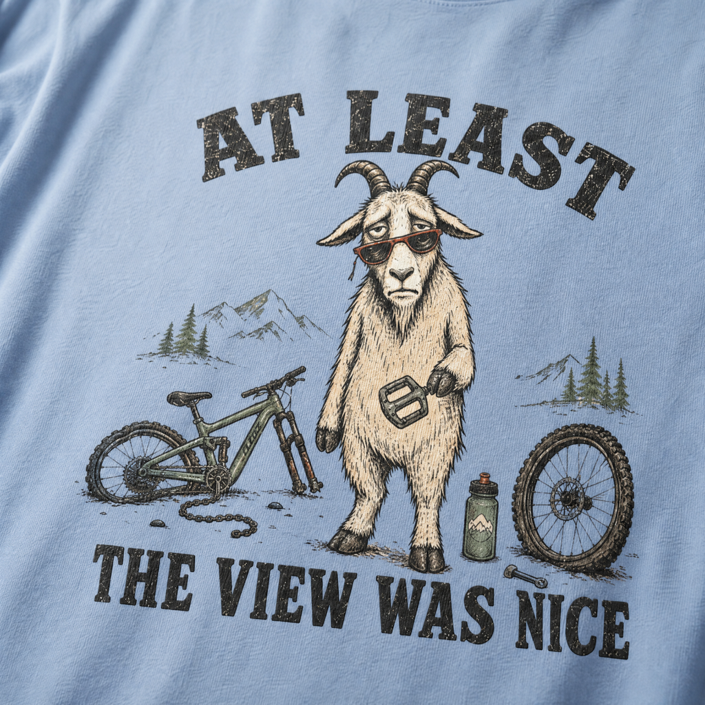 Washed denim blue t-shirt of a goat holding a bicycle pedal with a broken mountain bike surrounding it. Included text, "At Least the View Was Nice".