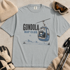 Granite gray t-shirt featuring a cat napping in a ski gondola with text, "Gondola Nap Club".