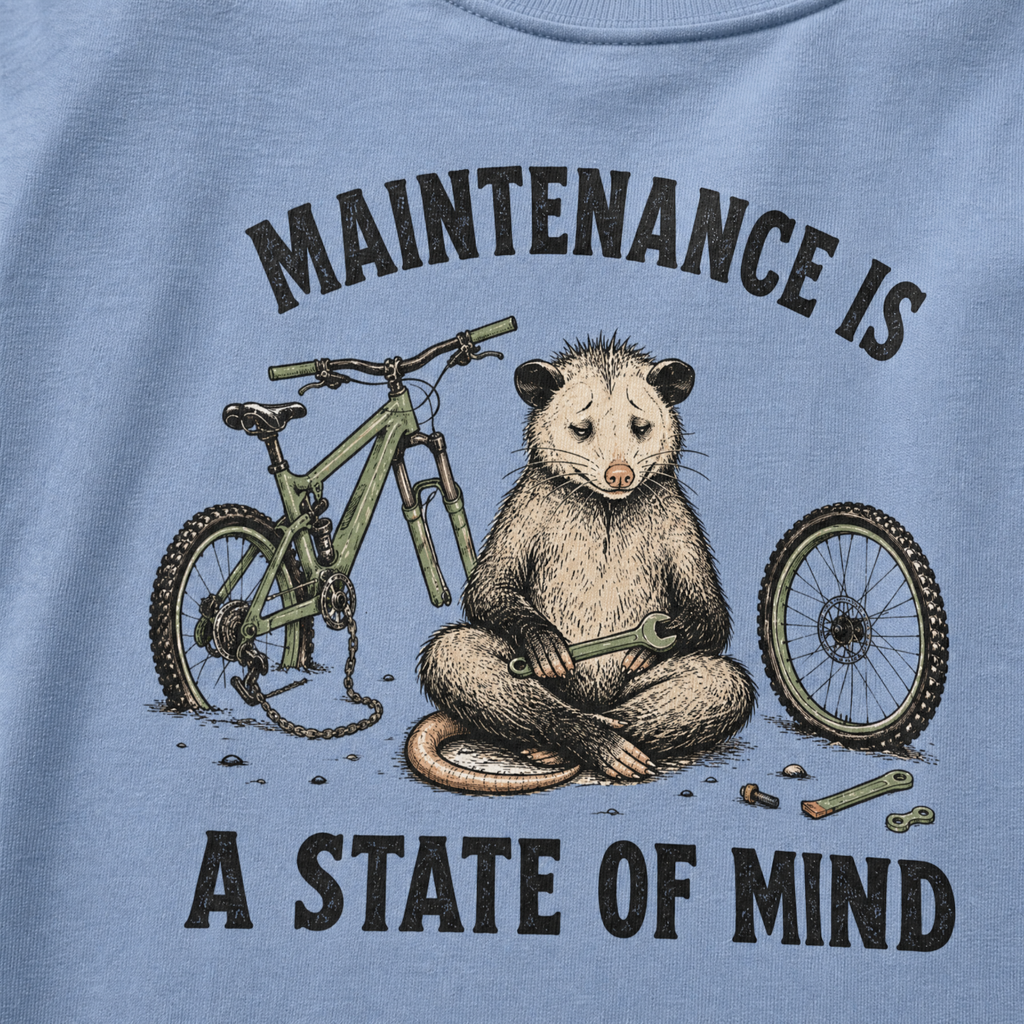 Washed denim blue t-shirt featuring a possum meditating while fixing a bike with text, "Maintenance is a State of Mind".