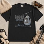 Black t-shirt featuring a cat napping in a ski gondola with text, "Gondola Nap Club".