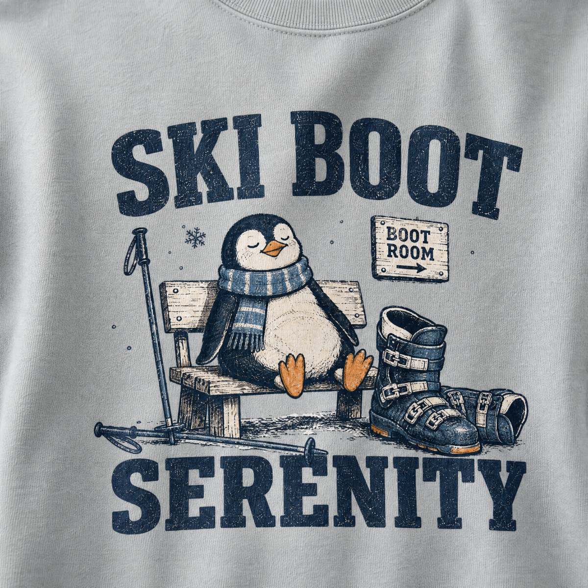 Close-up of a granite gray t-shirt with a vintage ski boot-room design showing a relaxed penguin on a bench beside ski boots, with “Ski Boot Serenity” text.