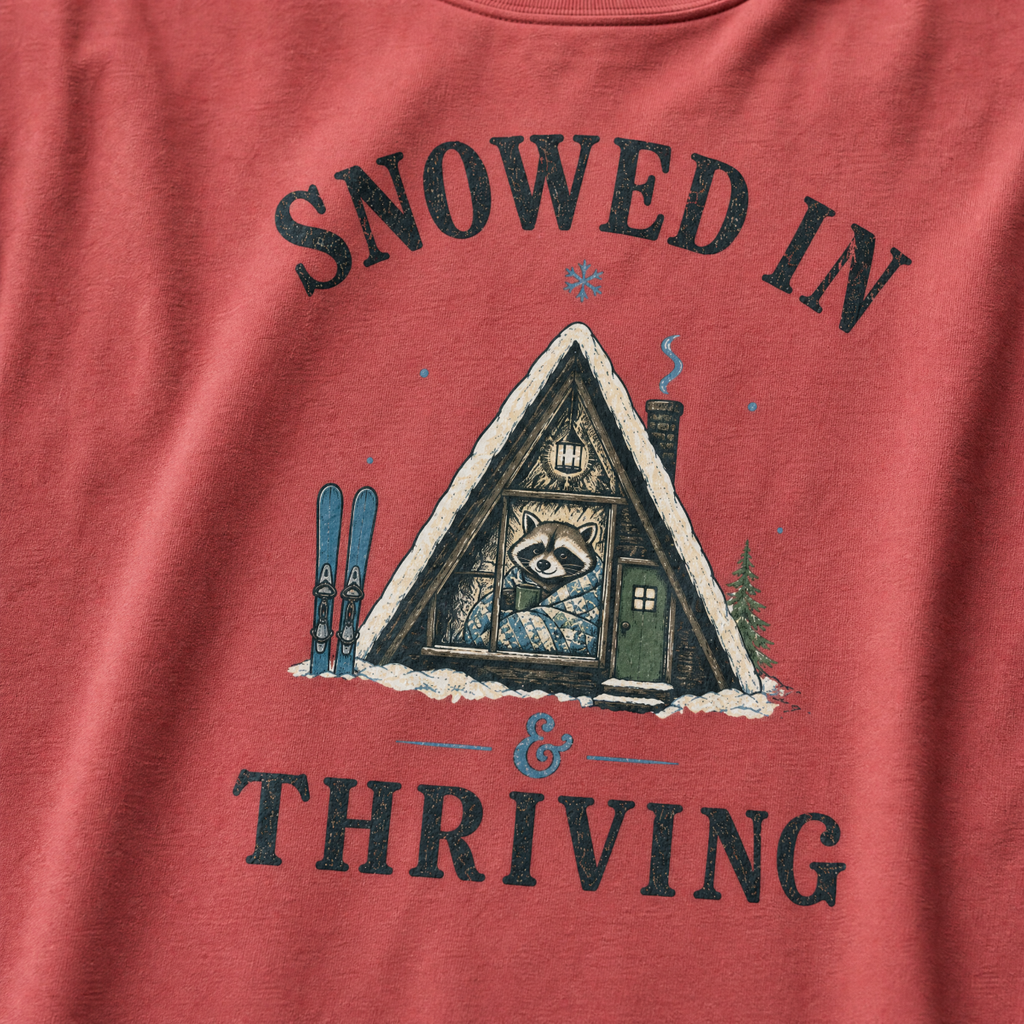 Close-up of a crimson red t-shirt with a vintage ski cabin design showing a cozy raccoon wrapped in a blanket inside an A-frame cabin, with “Snowed In & Thriving” text.