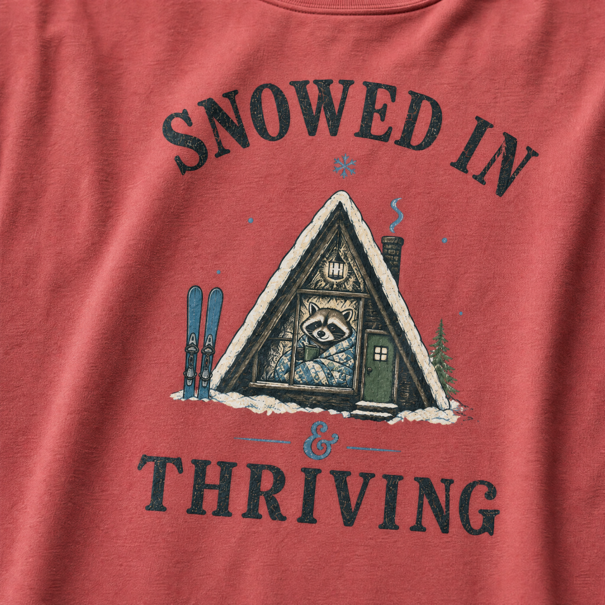Close-up of a crimson red t-shirt with a vintage ski cabin design showing a cozy raccoon wrapped in a blanket inside an A-frame cabin, with “Snowed In & Thriving” text.