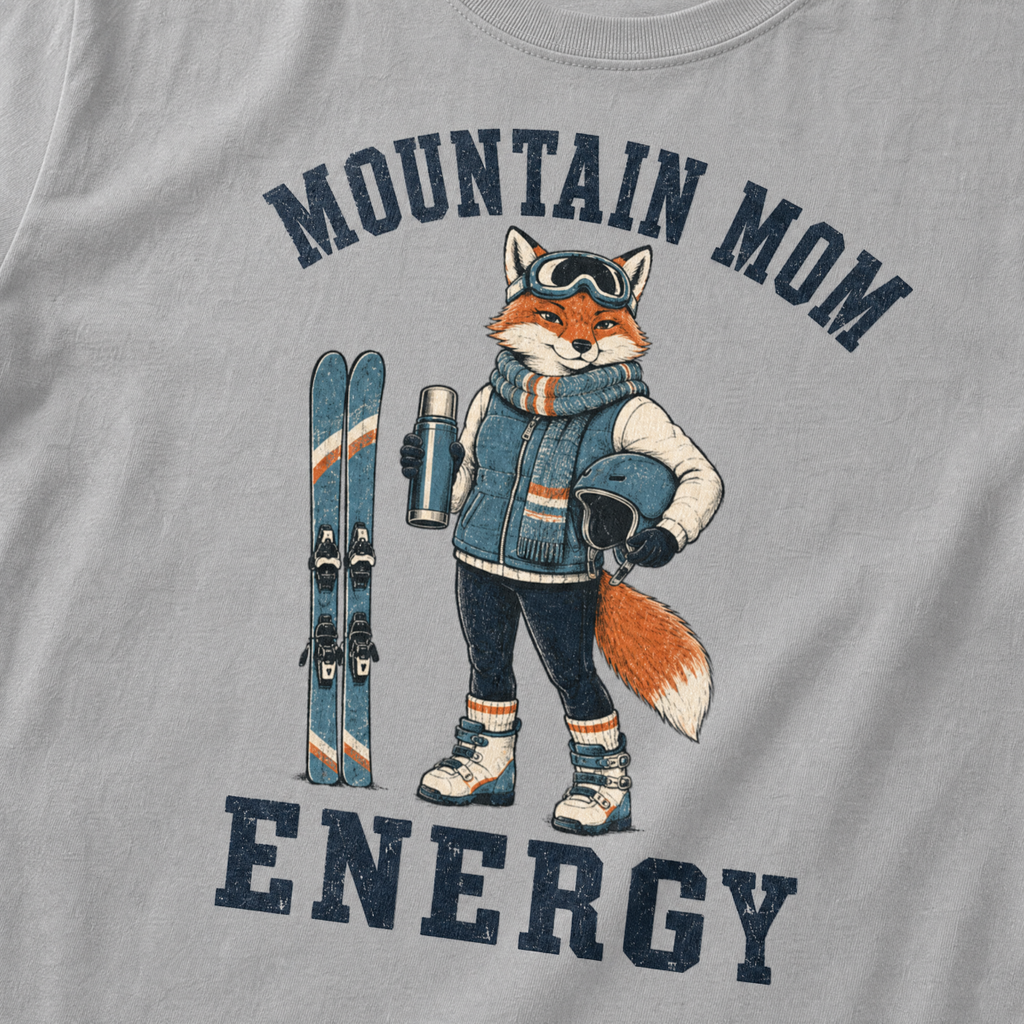Close-up of a granite gray t-shirt with a retro “Mountain Mom Energy” ski design showing a confident fox holding a thermos and helmet beside a pair of skis.