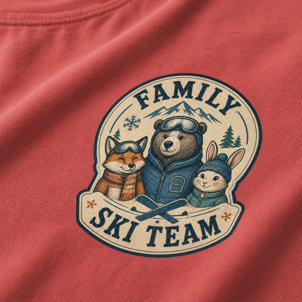 Close-up of a crimson red t-shirt with a retro badge design showing a bear, fox, and rabbit as a “Family Ski Team.”