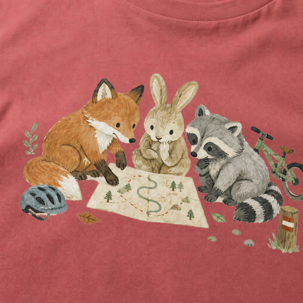 Close-up of a crimson red t-shirt with a simple woodland trail design showing a fox, rabbit, and raccoon gathered around a map with small biking details.