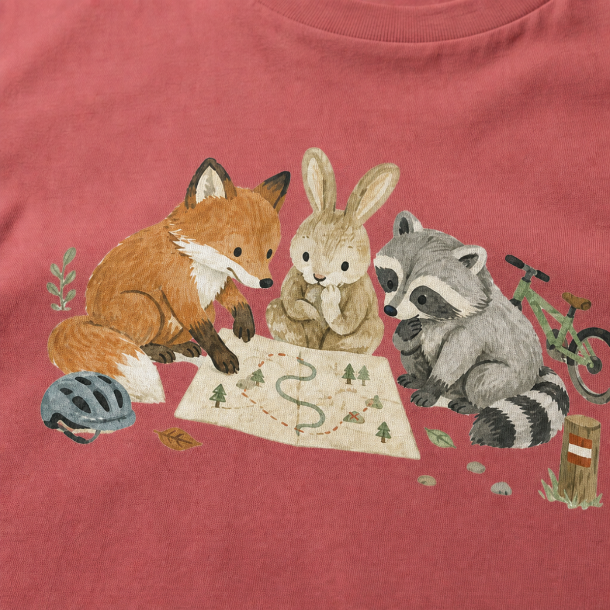 Close-up of a crimson red t-shirt with a simple woodland trail design showing a fox, rabbit, and raccoon gathered around a map with small biking details.