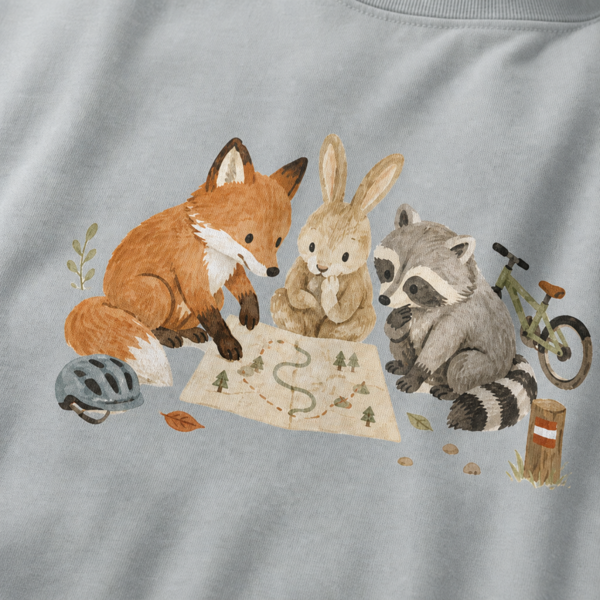 Close-up of a granite gray t-shirt with a simple woodland trail design showing a fox, rabbit, and raccoon gathered around a map with small biking details.