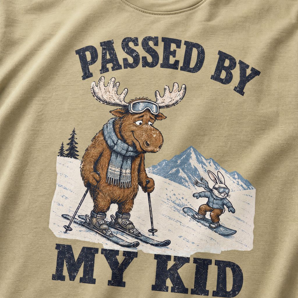 Close-up of a khaki t-shirt with a vintage “Passed By My Kid” design showing an embarrassed moose skier being passed by a tiny rabbit snowboarder.