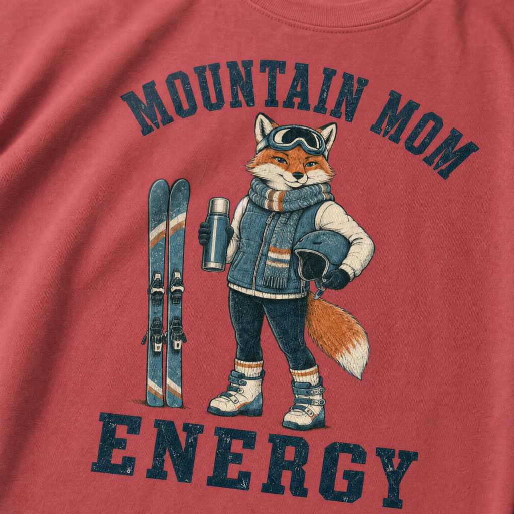 Close-up of a crimson red t-shirt with a retro “Mountain Mom Energy” ski design showing a confident fox holding a thermos and helmet beside a pair of skis.