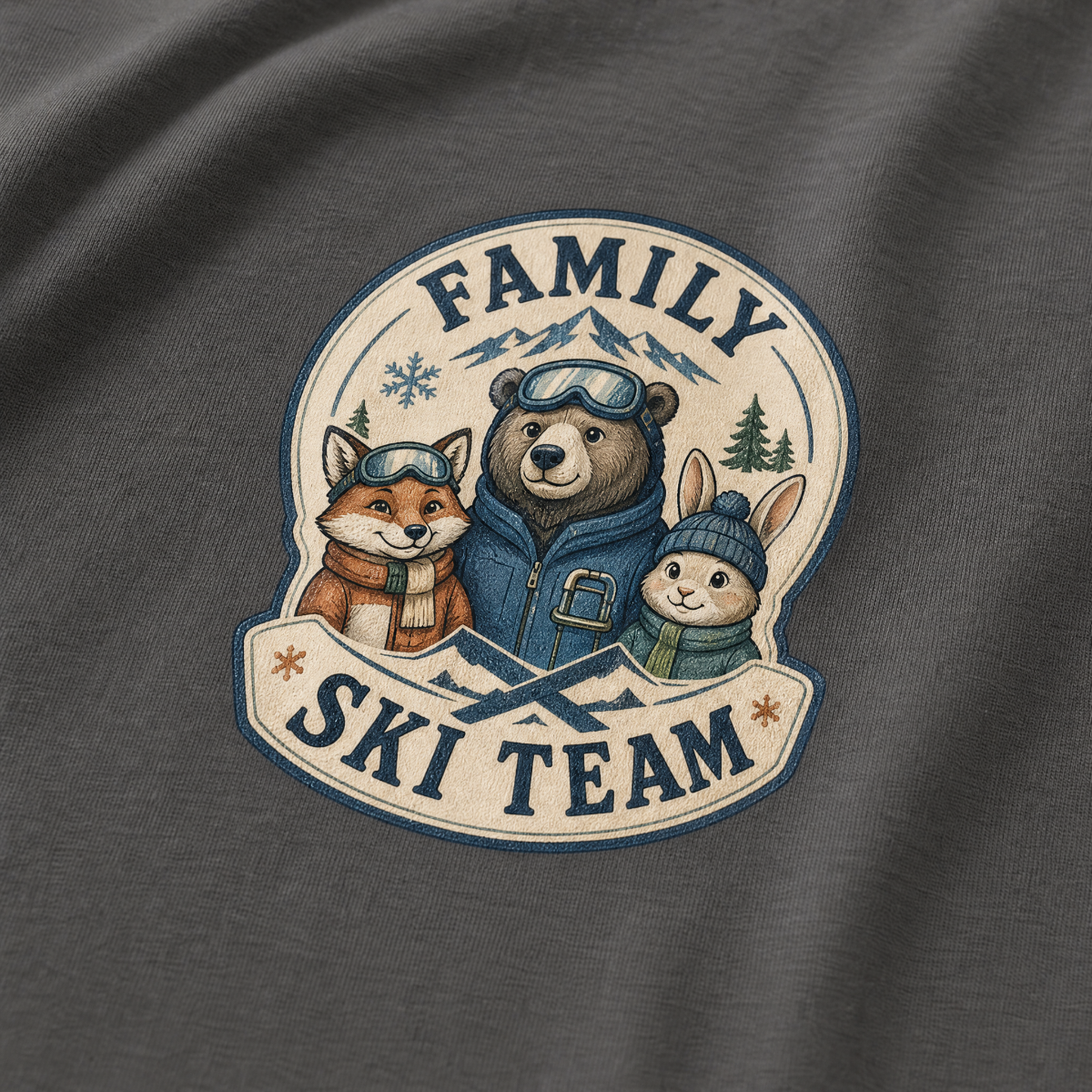 Close-up of a pepper gray t-shirt with a retro badge design showing a bear, fox, and rabbit as a “Family Ski Team.”