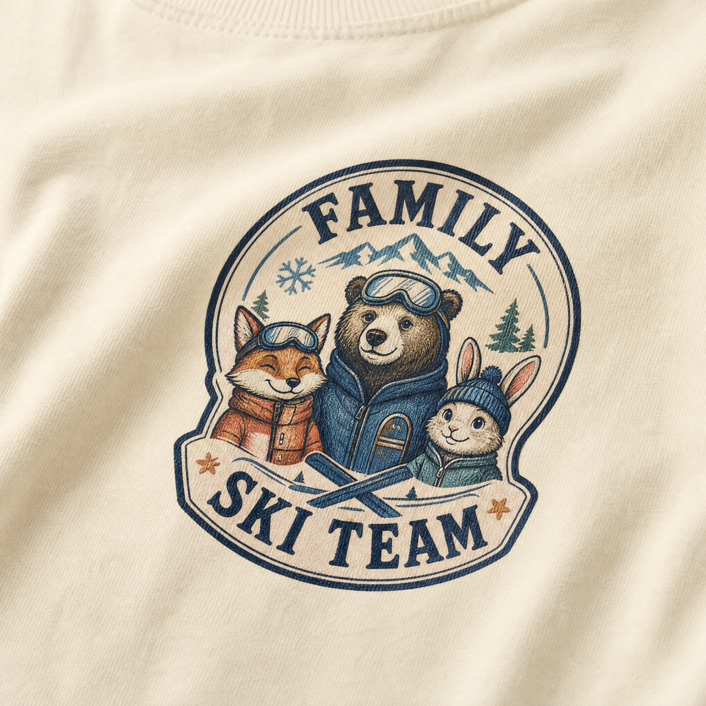 Close-up of an ivory white t-shirt with a retro badge design showing a bear, fox, and rabbit as a “Family Ski Team.”