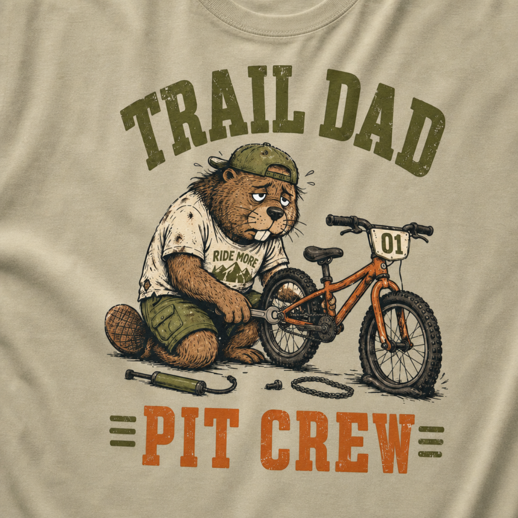 Close-up of a khaki t-shirt with a funny “Trail Dad Pit Crew” design showing an exhausted beaver repairing a small mountain bike.