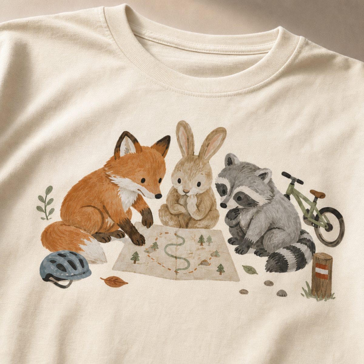 Close-up of an ivory white t-shirt with a simple woodland trail design showing a fox, rabbit, and raccoon gathered around a map with small biking details.