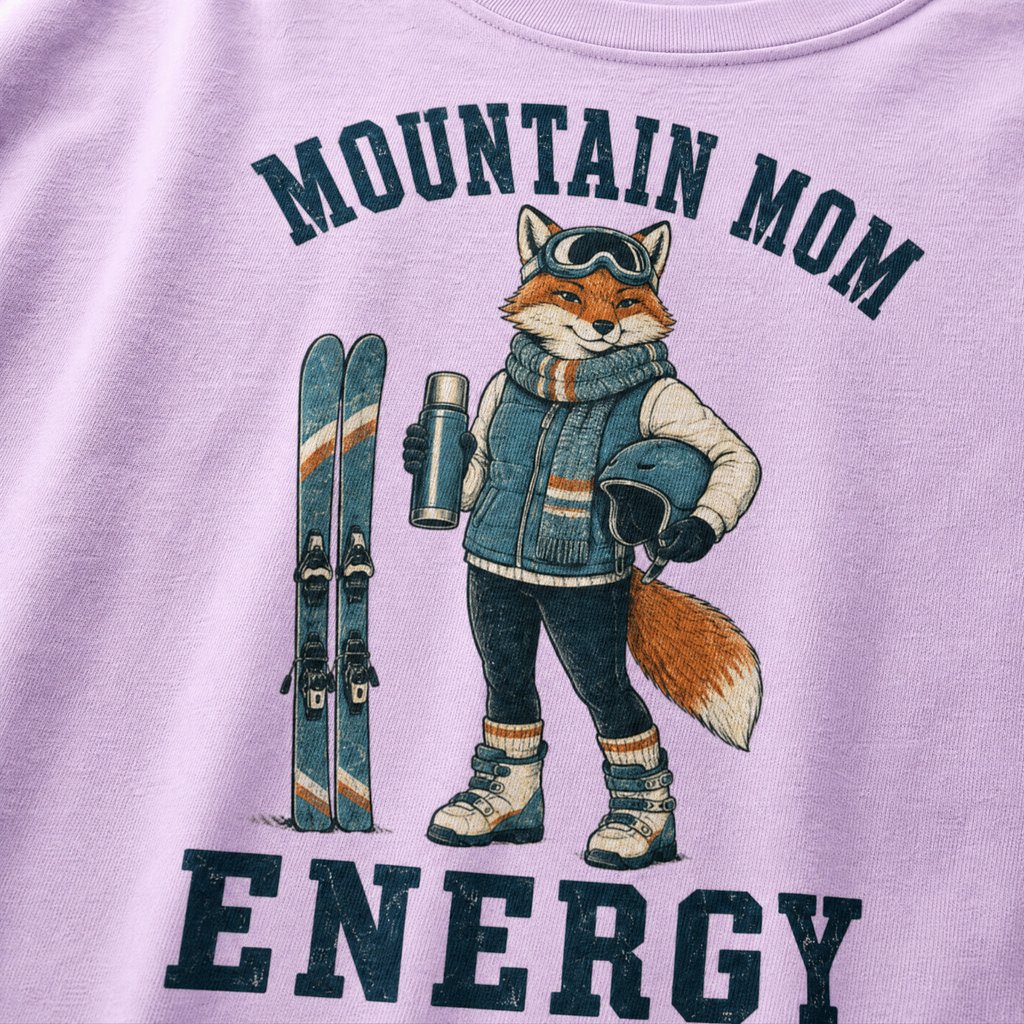 Close-up of an orchid purple t-shirt with a retro “Mountain Mom Energy” ski design showing a confident fox holding a thermos and helmet beside a pair of skis.