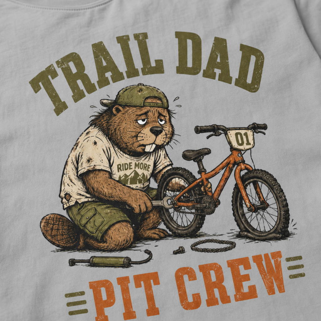 Close-up of a granite gray t-shirt with a funny “Trail Dad Pit Crew” design showing an exhausted beaver repairing a small mountain bike.