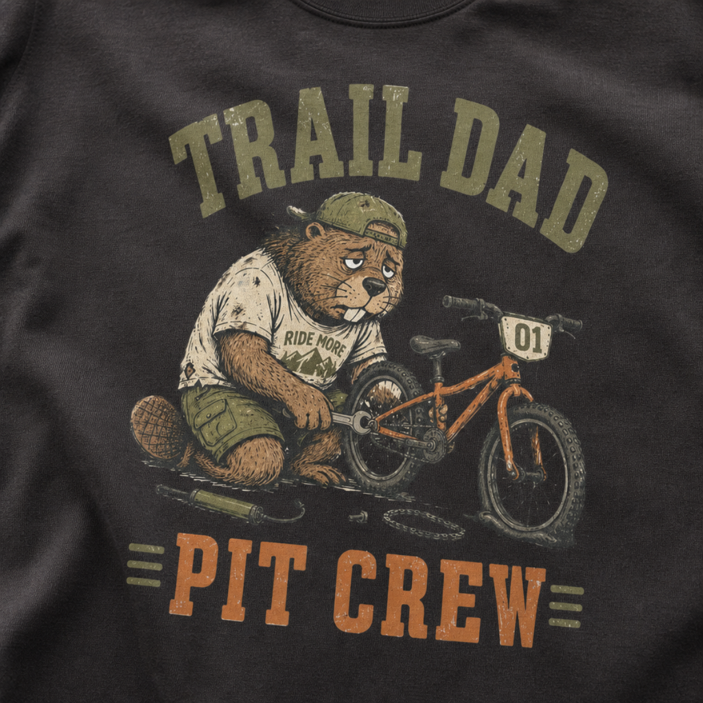 Close-up of a graphite gray t-shirt with a funny “Trail Dad Pit Crew” design showing an exhausted beaver repairing a small mountain bike.