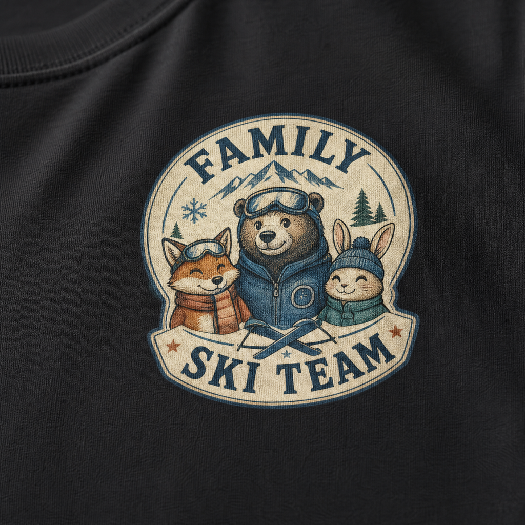 Close-up of a black t-shirt with a retro badge design showing a bear, fox, and rabbit as a “Family Ski Team.”