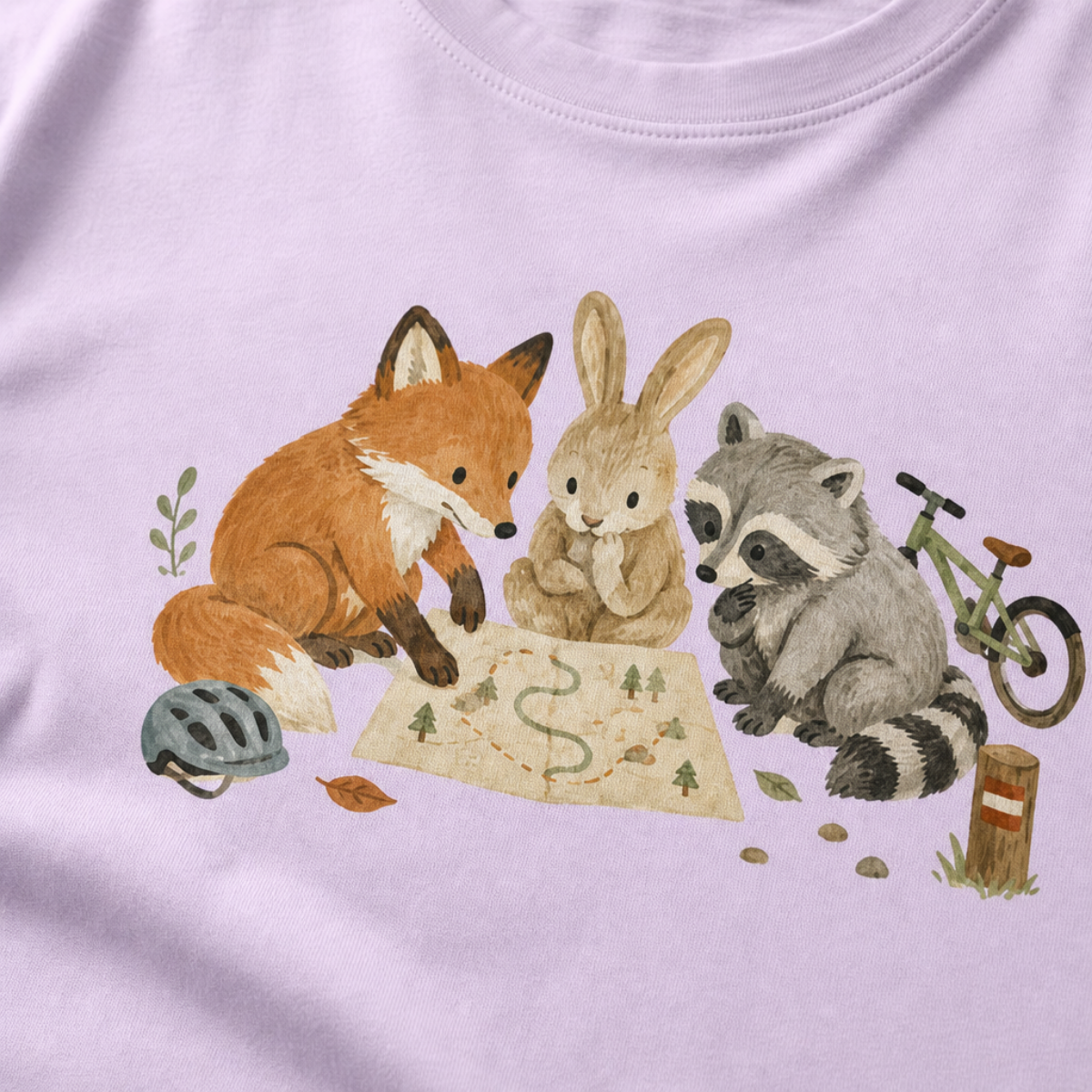 Close-up of an orchid coloured t-shirt with a simple woodland trail design showing a fox, rabbit, and raccoon gathered around a map with small biking details