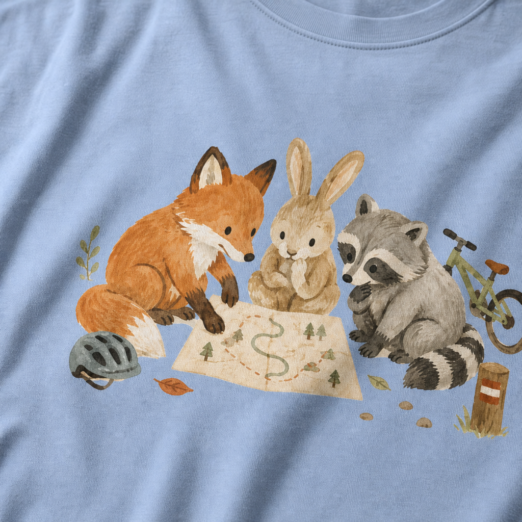 Close-up of a washed denim blue t-shirt with a simple woodland trail design showing a fox, rabbit, and raccoon gathered around a map with small biking details.