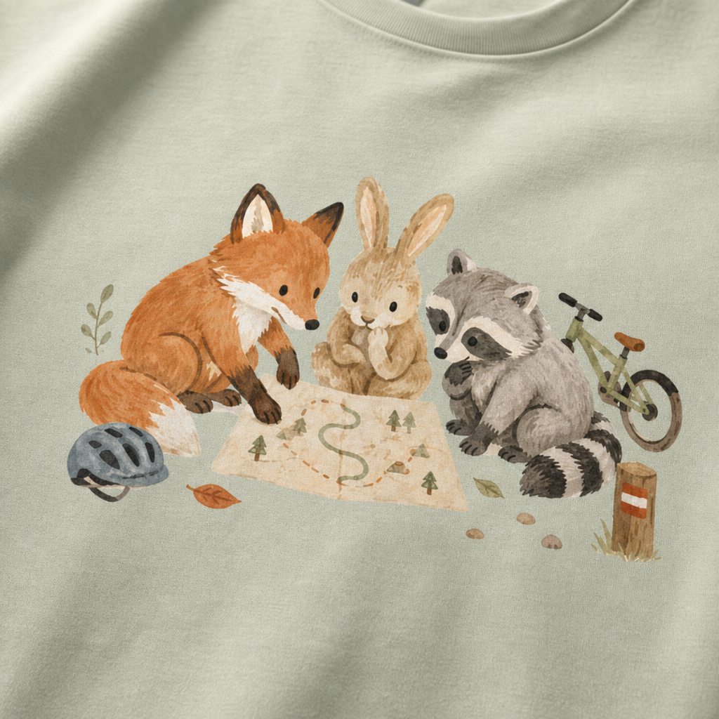 Close-up of a bay green t-shirt with a simple woodland trail design showing a fox, rabbit, and raccoon gathered around a map with small biking details.