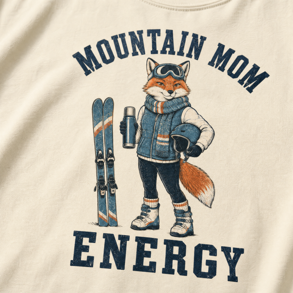 Close-up of an ivory white t-shirt with a retro “Mountain Mom Energy” ski design showing a confident fox holding a thermos and helmet beside a pair of skis.