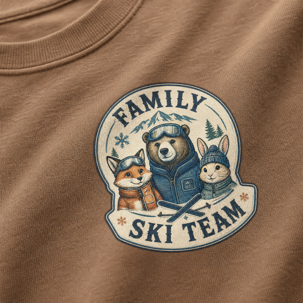 Close-up of a espresso brown t-shirt with a retro badge design showing a bear, fox, and rabbit as a “Family Ski Team.”