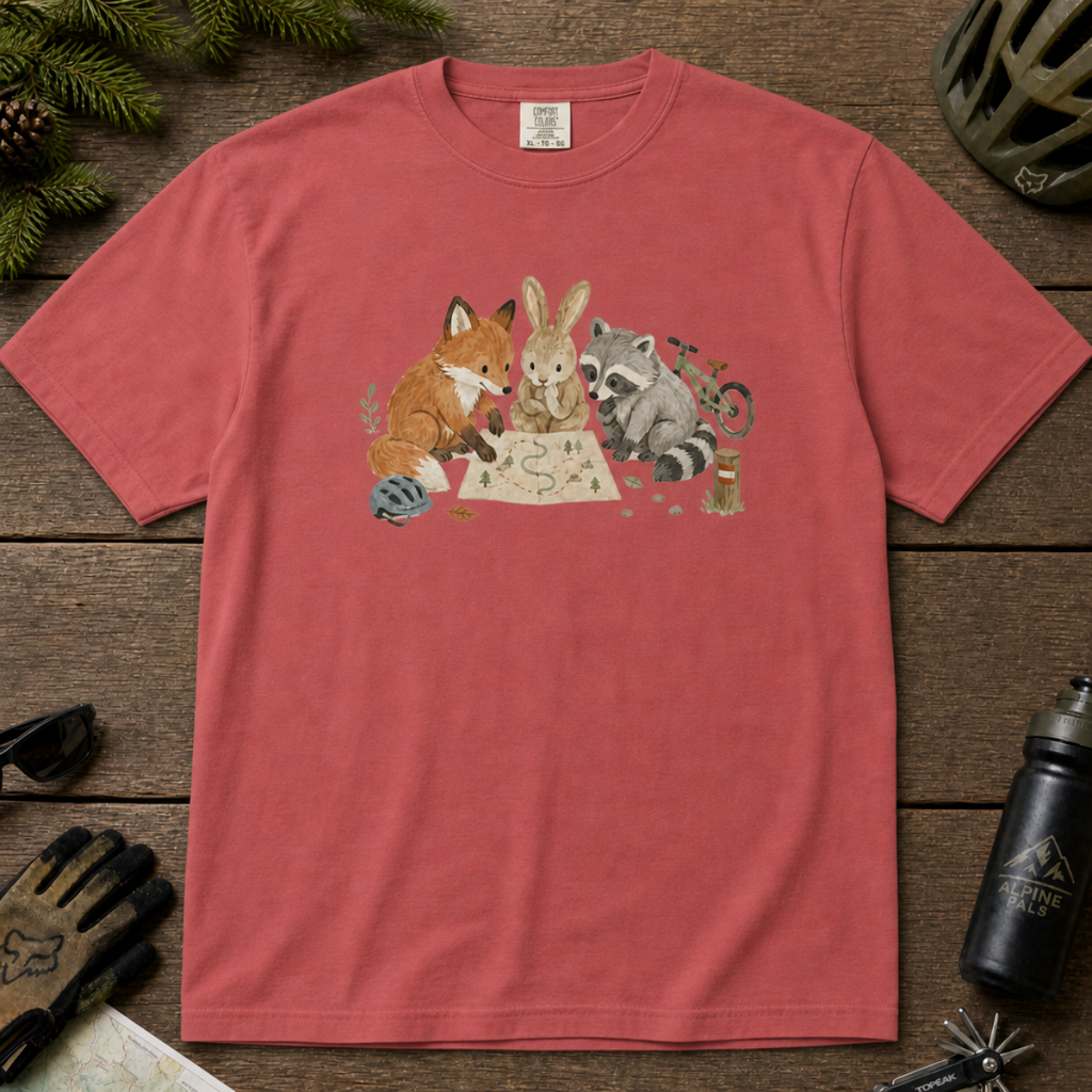 Flat lay of a crimson red t-shirt featuring a cute woodland animal trail-planning graphic with a fox, rabbit, raccoon, map, helmet, bike, and trail marker.