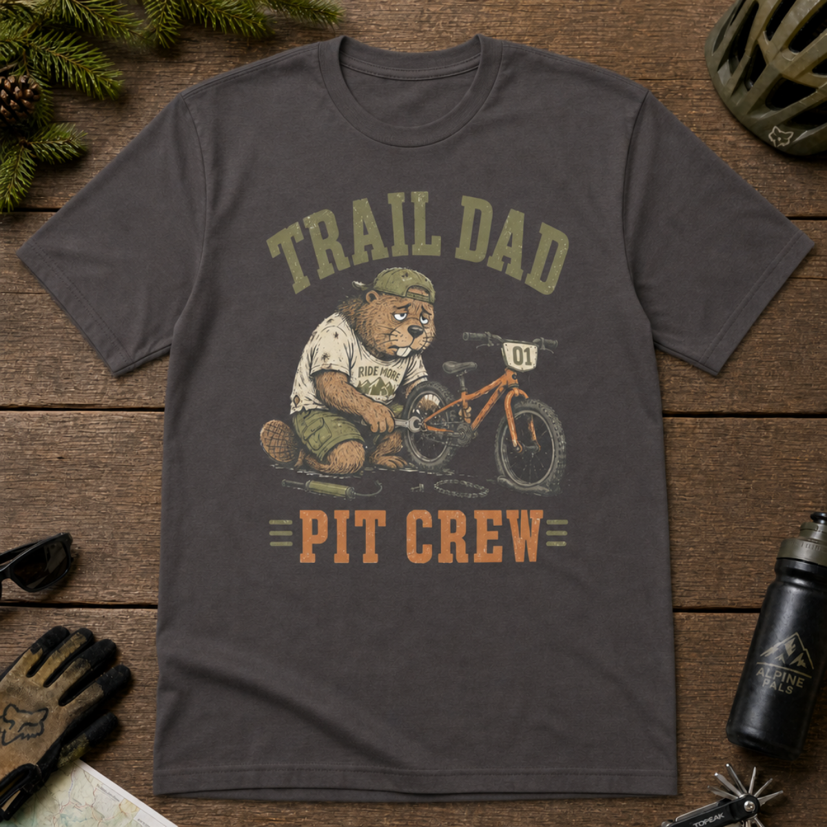 Flat lay of a graphite gray t-shirt featuring a “Trail Dad Pit Crew” mountain biking design with a tired beaver fixing a kid’s bike, styled with trail accessories.