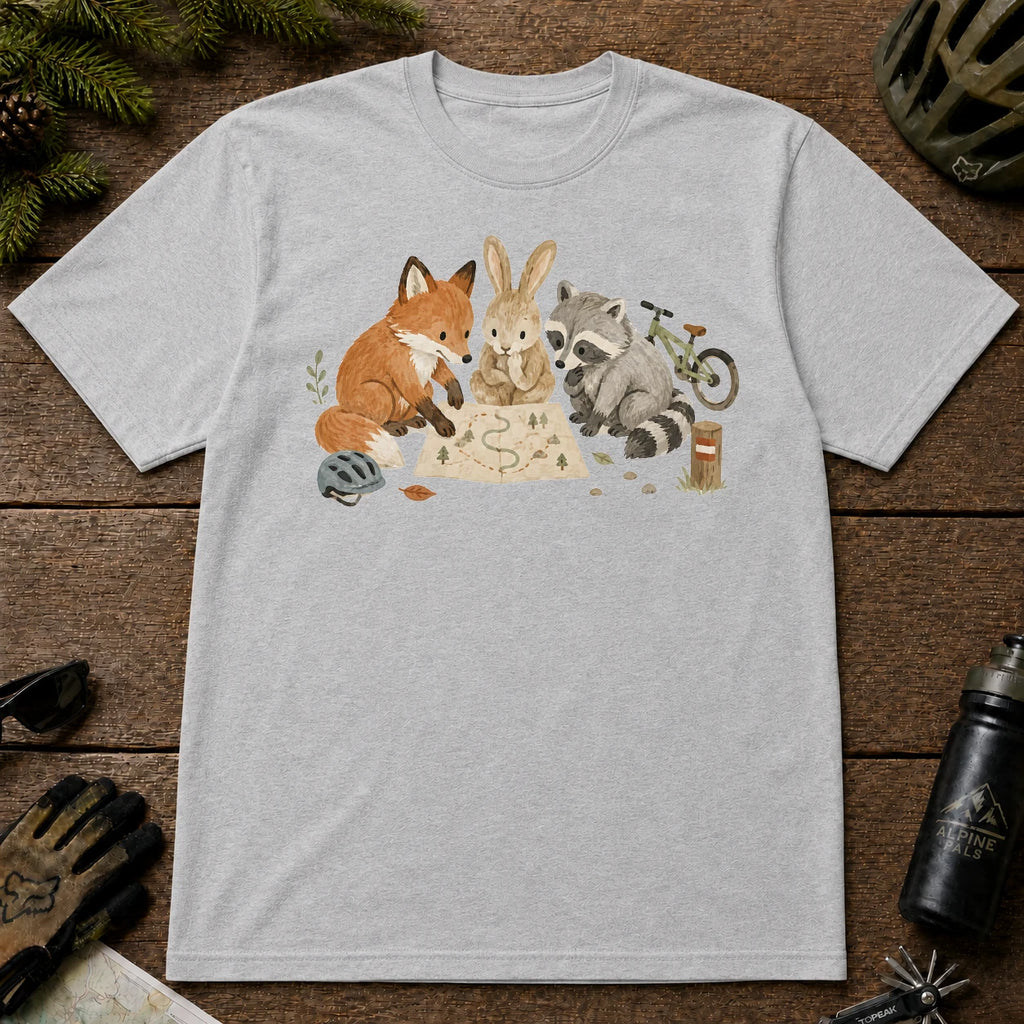 Sport Grey tee featuring a fox, rabbit, and raccoon gathered around a trail map beside a mountain bike and helmet.