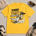 Daisy tee featuring a goggle-wearing dog skiing through the snow, with the phrase “Too Rad to Snowplow.”