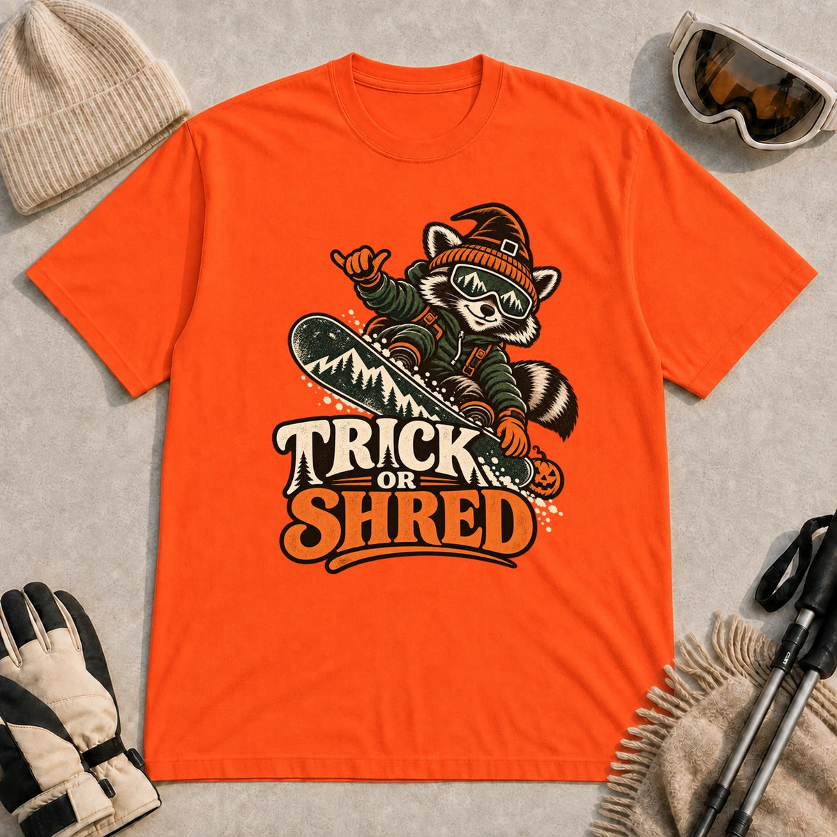 Orange tee featuring a raccoon snowboarding in Halloween gear and a witch hat above the phrase “Trick or Shred.”
