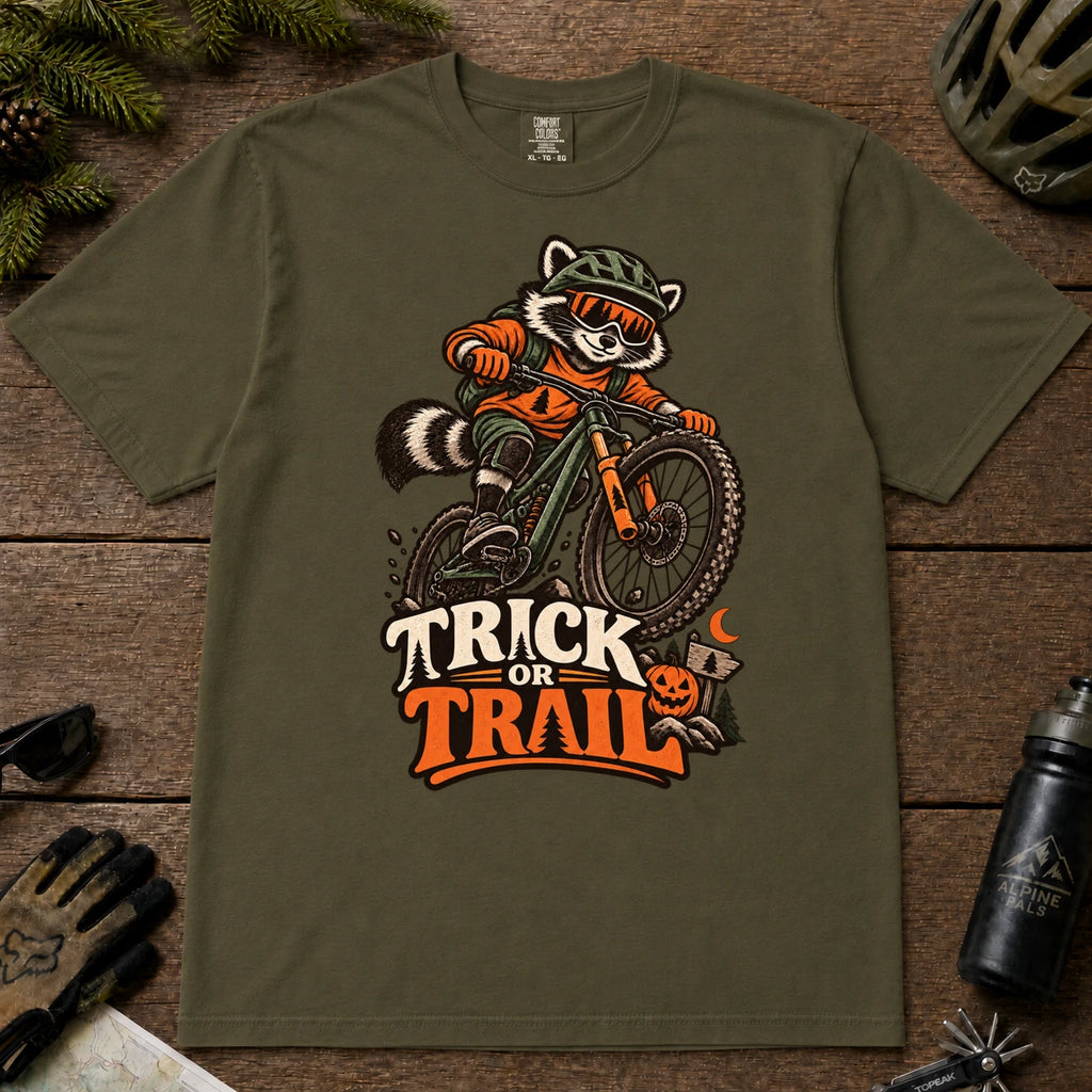 Hemp tee featuring a raccoon mountain biking in Halloween gear above a pumpkin and trail sign, with the phrase “Trick or Trail.”
