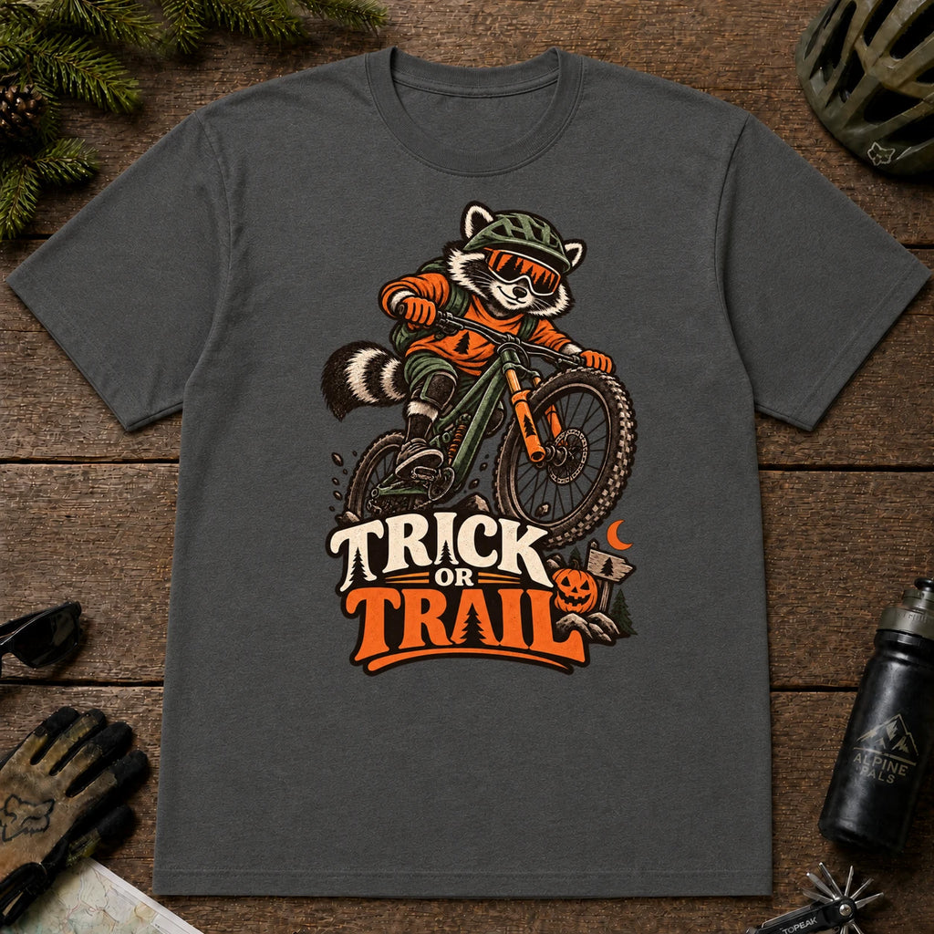 Dark Heather Gray tee featuring a raccoon mountain biking in Halloween gear above a pumpkin and trail sign, with the phrase “Trick or Trail.”