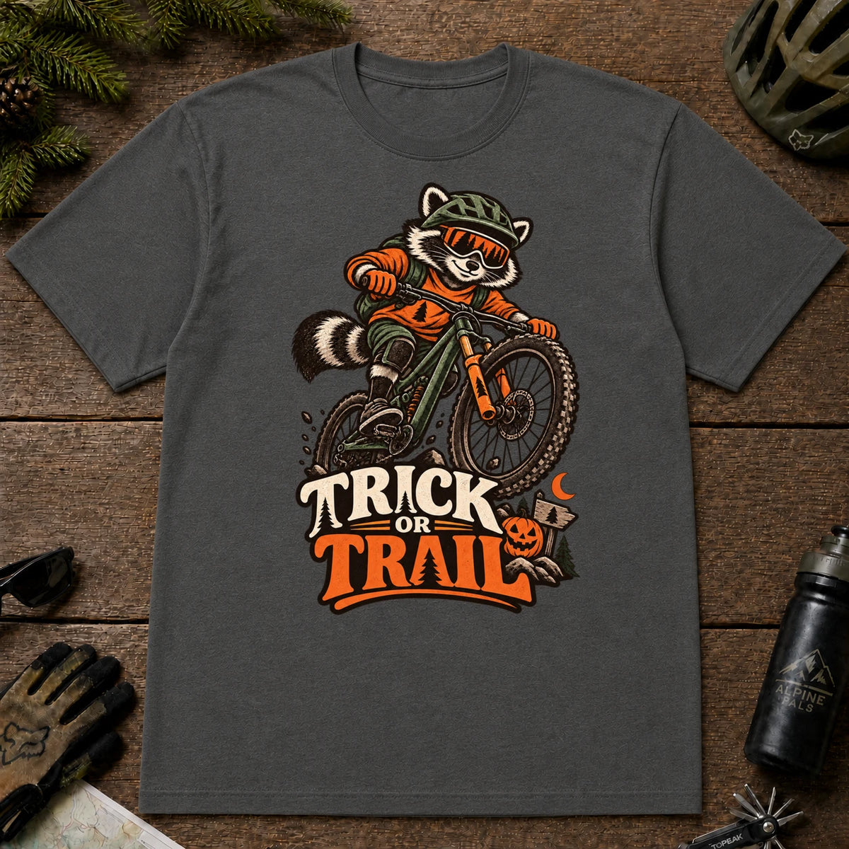Dark Heather Gray tee featuring a raccoon mountain biking in Halloween gear above a pumpkin and trail sign, with the phrase “Trick or Trail.”